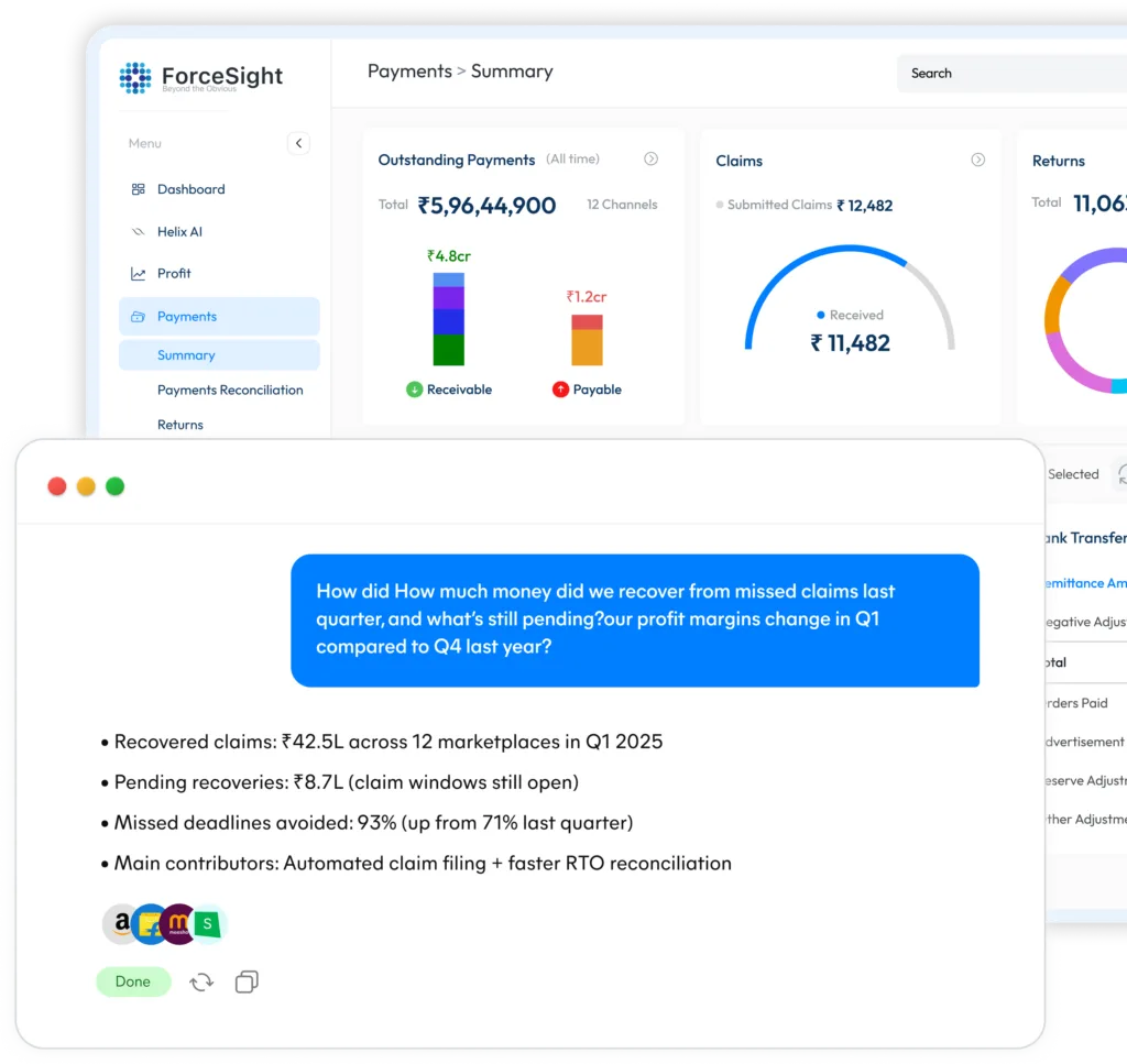 ForceSight payments dashboard showing outstanding payments by channel, claims received and an AI answer on recovered and pending claims